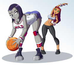 chillguydraws: ravenravenraven:   Raven and Star are about to get active! This was done for a request where they wanted to see Raven and Starfire in gym clothes.    Spoooooorrts. 