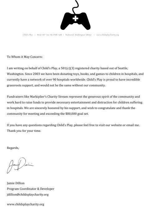 Hey guys! Here’s the OFFICIAL letter from Child’s Play congratulating us on exceeding our goal of ๠,000! Thank you all so much for contributing! I can’t wait for the next one!