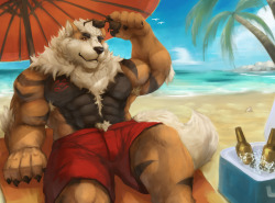 ralphthefeline:Commission done for LarxRakshult of his arcanine sona Larx chilling on the beach~!