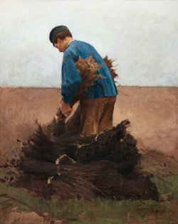 Hugo Salmson (Swedish, 1843-1894), Boy Gathering Firewood. Canvas