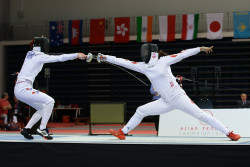 modernfencing:  [ID: three photos of an epee fencer lunging against