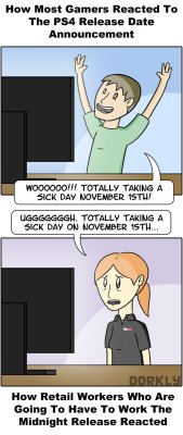 insanelygaming:  PS4 Release Date Reactions Created by dorkly