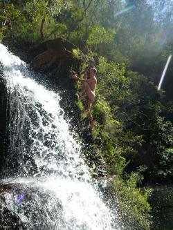 nudehiking:  Climbing up a waterfall on our most recent nude