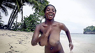 happy girl with great swinging tits. like to be on that beach