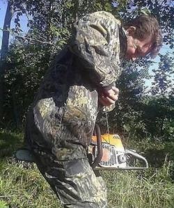 How not to start or work on a chainsaw.