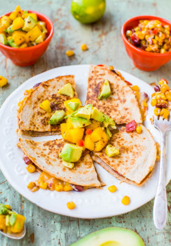 vegan-yums:  Corn and Bean Quesadillas with Avocado-Mango-Chipotle