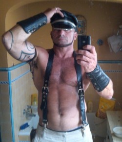 Nipples and leather suspenders