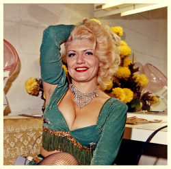 burleskateer:  Jennie Lee       aka. “The Bazoom Girl”.. A vintage polaroid from 1963 captures Jennie posing in her dressing room.. 