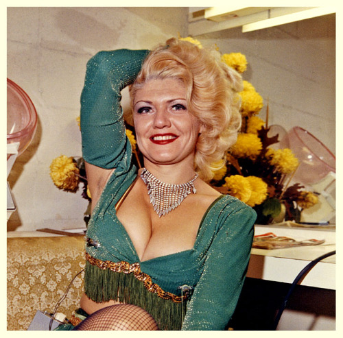 Jennie Lee       aka. “The Bazoom Girl”.. A vintage polaroid from 1963 captures Jennie posing in her dressing room..