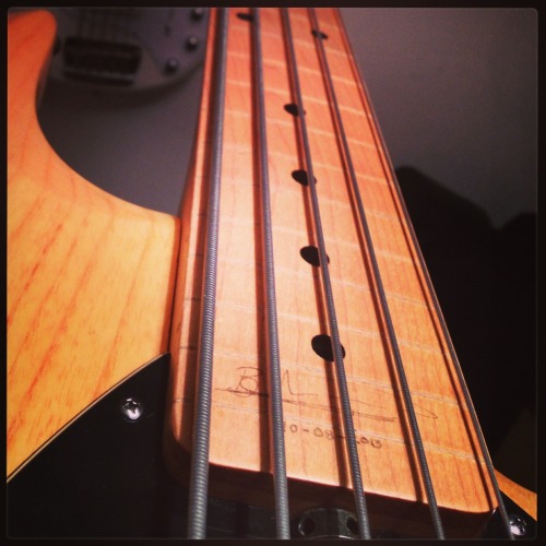 <p>My first own “custom shop”.  I defretted my Sterling by Musicman Ray 35.  Finished today 10 August 2013, also celebrating my parents 40th wedding anniversary.</p>