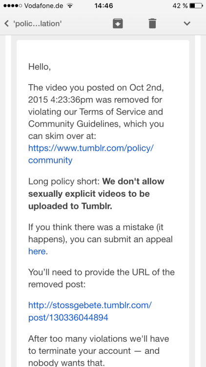 stossgebete:  Well, that’s like a witch-hunt or a crusade.   Dear tumblr-team… Before. you start to delete and remove those sexual explicit sites and those videos maybe you should “take care” of thousands of tumblr sites with suicidal content!