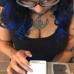 @photosbyphelps  presenting my creep shot of @dmtsweetpoison  as she chats  and searches for chocolate covered Ants on eBay. Your welcome :-)  #cleavage boobs #ink #photosbyphelps