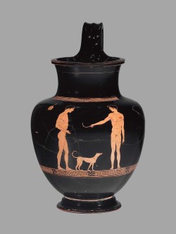 thedogstays:  Red Figure pitcher (oinochoe) with two youths and