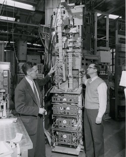mudwerks:  Two men stand next to the apparatus of a television