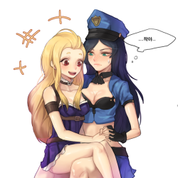 giji-p:  human nami wearing a Caitlyn clothing and Officer Caitlyn