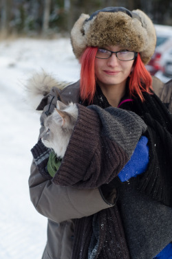 Me and my girlfriend took the cat out into the snow that fell