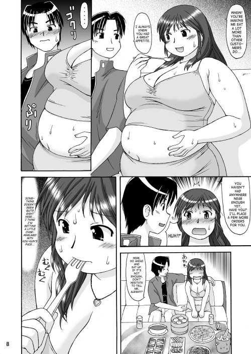 bigbellygirls:  Right Stuff by Kato Hayabusa, part 1. A Girl goes to work in a “special” restaurant catering for customers who want to fatten up girls. His ex comes to visit the place, feeds her ‘till her clothes rip, sex follows. Part 2 here.