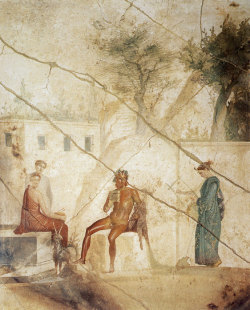 theancientwayoflife:  ~Pan and the nymphs. Fresco from Pompeii