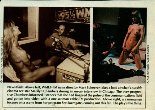 Playboy magazine, 1982; Marilyn’s one-woman stage show Sex Surrogate (called Sex Confessions in London) was filmed on a sound stage by The Playboy Channel for broadcast on television. That, in turn, was turned into a 26-episode cable TV series calle