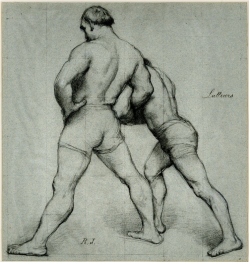 The Wrestlers, Black chalk on light blue paper, squared for transfer