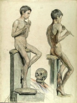   Two studies of a seated nude boy playing the flute” by Arnaldo