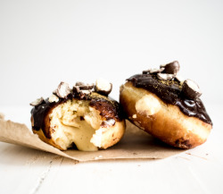 fullcravings:  Dark Chocolate and Malt Custard Filled Doughnuts