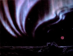 slutgazer:  Auroras glow above Jupiter and moon, 1981Ron Miller