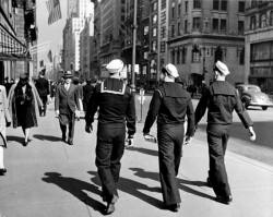 stfumadison:  Three sailors walking, Fifth Avenue, New York City. C.