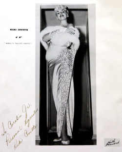 6′ 8″    Ricki Covette         aka. “The World’s TALLEST Exotic Dancer”..Vintage promotional photo personalized to the ‘Coralie Jr. Agency’..