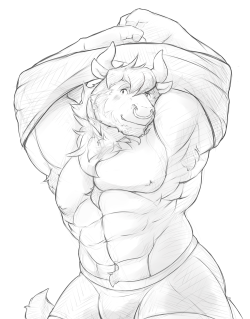 ralphthefeline:  A blushy buff bull taking off his shirt because