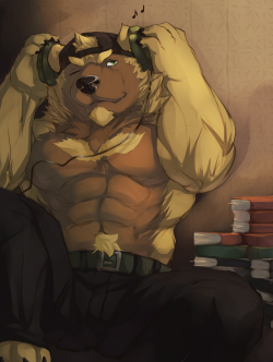 ralphthefeline:  Colored version of the gift drawing for @Krispyburr at Twitter. He like reading and listening to music or so he says~! He be a buff bear~!  