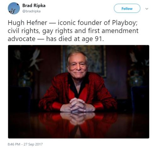 ay-its-d: the-real-eye-to-see:    Hugh Hefner was a giant in publishing, journalism, free speech and civil rights. He was a true original and very progressive, and decades ahead of the rest of the U.S.    He always hired African Americans at a competitive