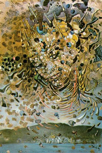salvadordali-art:    Head Bombarded With Grains Of Wheat (Particle Head Over The Village Of Cadaques)   1954  Salvador Dali  