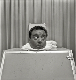 Jackie Gleason in steam cabinet, New York, 1952.