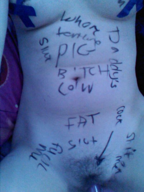 sexymisogyny:  Follower submission I love truth in advertising, but that meat needs some marks and bruises.  “Whore. Torture. Pig. Bitch. Cow. Fat. Slut. Daddy’s. fuck me. cock. shit on me."Â 