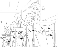 “a classroom of dickgirls being fellated by their boy classmates