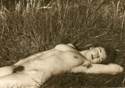 fragrantblossoms:  Clark, Colin R - Female Nude in the Grass, ca 1952