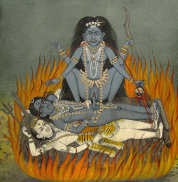 daimonphania: Nepalese depiction of the Hindu goddess Kālī in sexual union with Bhairava, the wrathful form of Śiva, on a funeral pyre in the burning ground. In her hands she holds a Khadga (scimitar) and a human head; She is menstruating and two blood