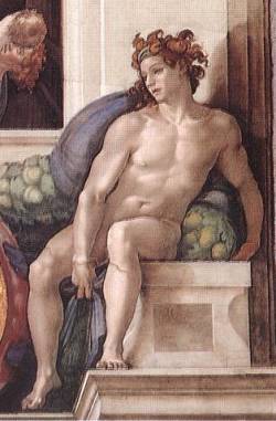 artist-michelangelo: Ignudo, 1509, Michelangelo Buonarroti Medium: