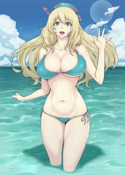 akira-europe:  ao madou-shi atago (kancolle) bikini cleavage