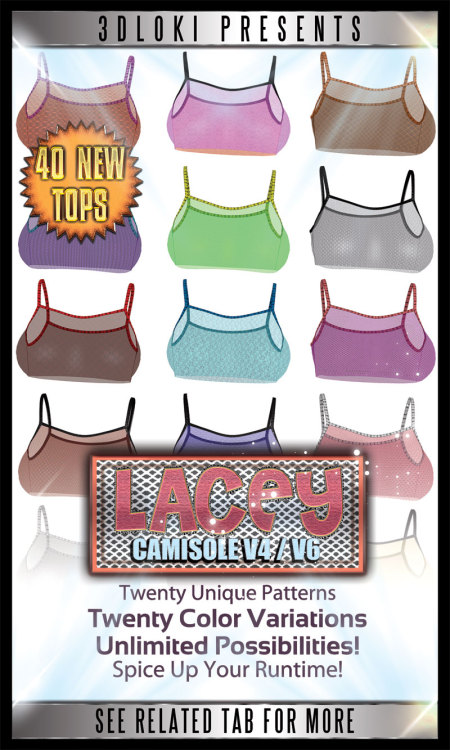 Another hot item from Loki!  Lacey  Camisole V4/V6 is a brand new materials pack for Disordercode’s  “Camisole” aka Strip Show II.  20 unique lacy materials that have  unlimited color combinations and 20 color combo materials to get