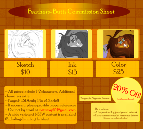 no-lasko: feathers-butts:  A project I call “I’m opening a few commission slots but this time there’s a theme because reasons”. In short I’m opening a round of commissions.  5 Slots. This time however I’m kinda restricting them.  I’ll