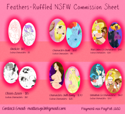 feathers-butts:  New Commission SheetWas high time for an update I say. So here’s the brand new commission sheet updated with the best works. If you’re ever interested, feel free to contact me via email ( mattiewp21@gmail.com ). If you’re a first