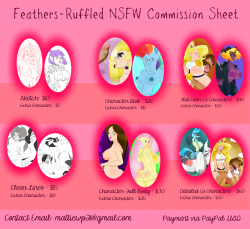 feathers-butts:   Commissions have been opened indefinitely! Why you may ask?  Well turns out that my hours will be getting a slight cut back at work due to the beginning of the year being kind of slow. So since I could use the extra cash and you could