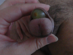I was curious how it would feel to put a grape inside a manâ€™s foreskin, and move it around. Slave Qwerty was happy to oblige my curiosity. London, February 2014.