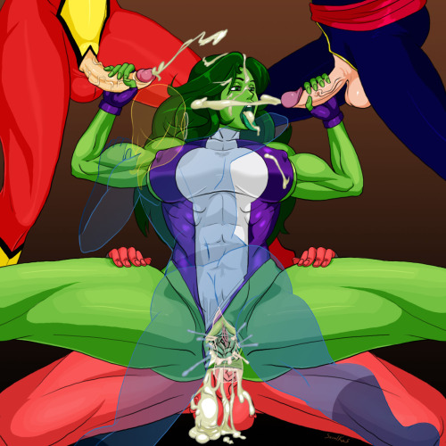 savalkas:  A clean and dirty version of a pic I made a while ago. One futa cock isn’t enough for She-Hulk. Enjoy! 