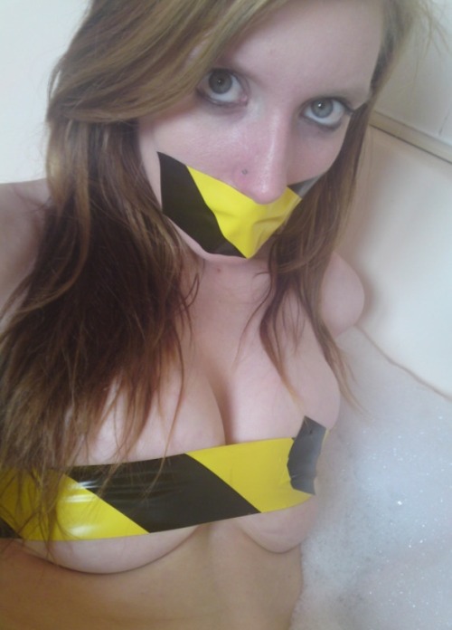 thegagproject:  Bath time can be so.. Hazardous :P #bondage #gagged #tapegag #submissive #fetish #foxxyred #selfie