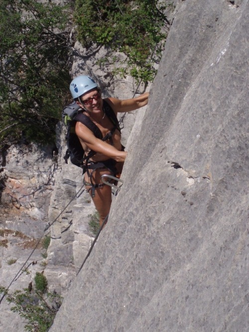 Climbing via ferrata in the French Alps, near Briancon.