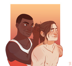 thingsfortwwings:[Image: Sam Wilson putting Bucky Barnes’ hair