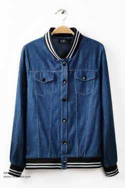 dress-ve:  Solid Color V Neck Long Sleeve Jeans Jacket 